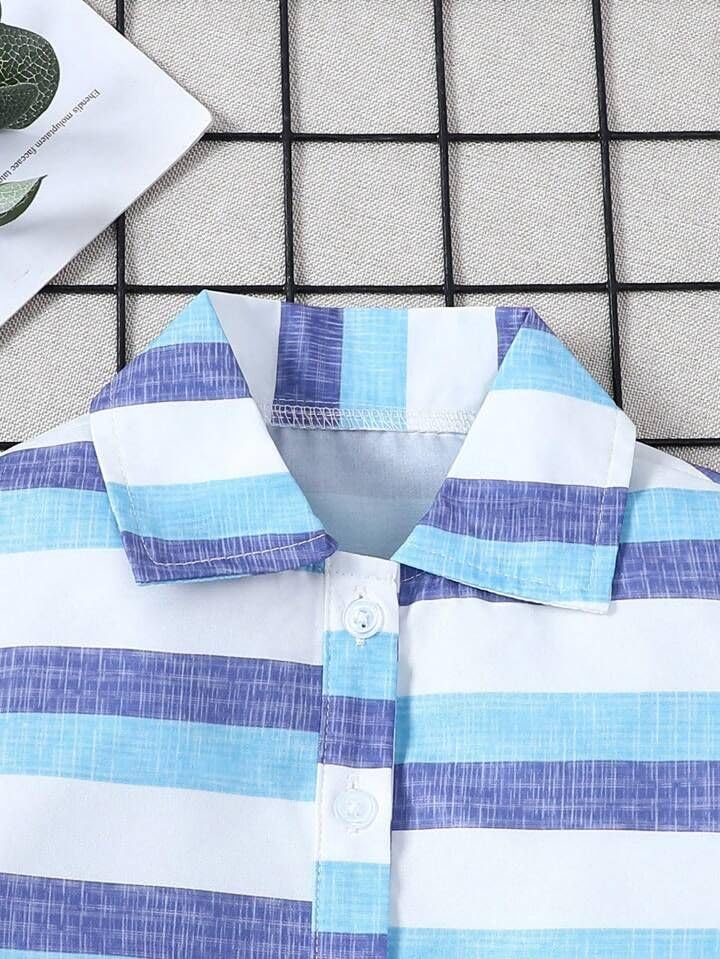 Image of Boys Short Sleeve Button Down Shirts, Plaid and Striped Pattern, Cotton Casual Tops, Pack of 2