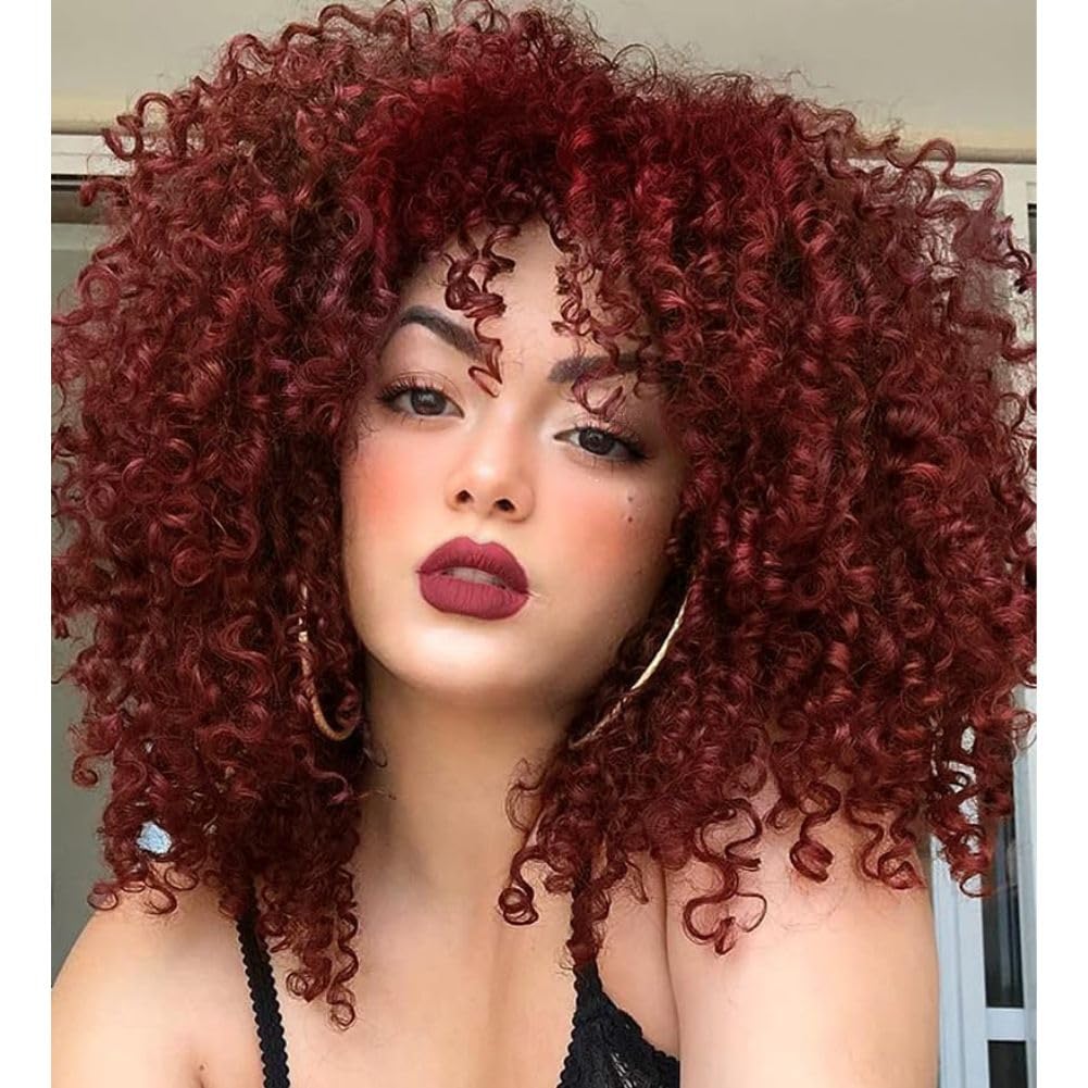Siudus Afro Wig Red Curly Short Wigs for Black Women 70s 80s Big Bouncy Fluffy Kinky Curly Synthetic Fiber Hair Wig for Cosplay Halloween Use