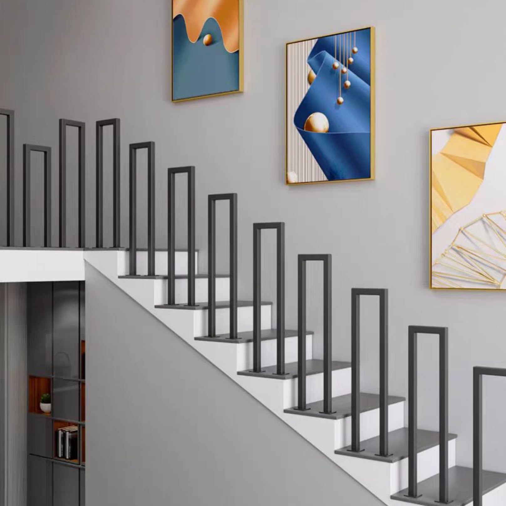 Aevixel Outdoor Stair Railing, Galvanized Iron Exterior Handrail, Rustproof, Indoor Stair Railing Kit, Staircase Balusters for Concrete Step or Wooden Stairs Black 110CM-Right Angle