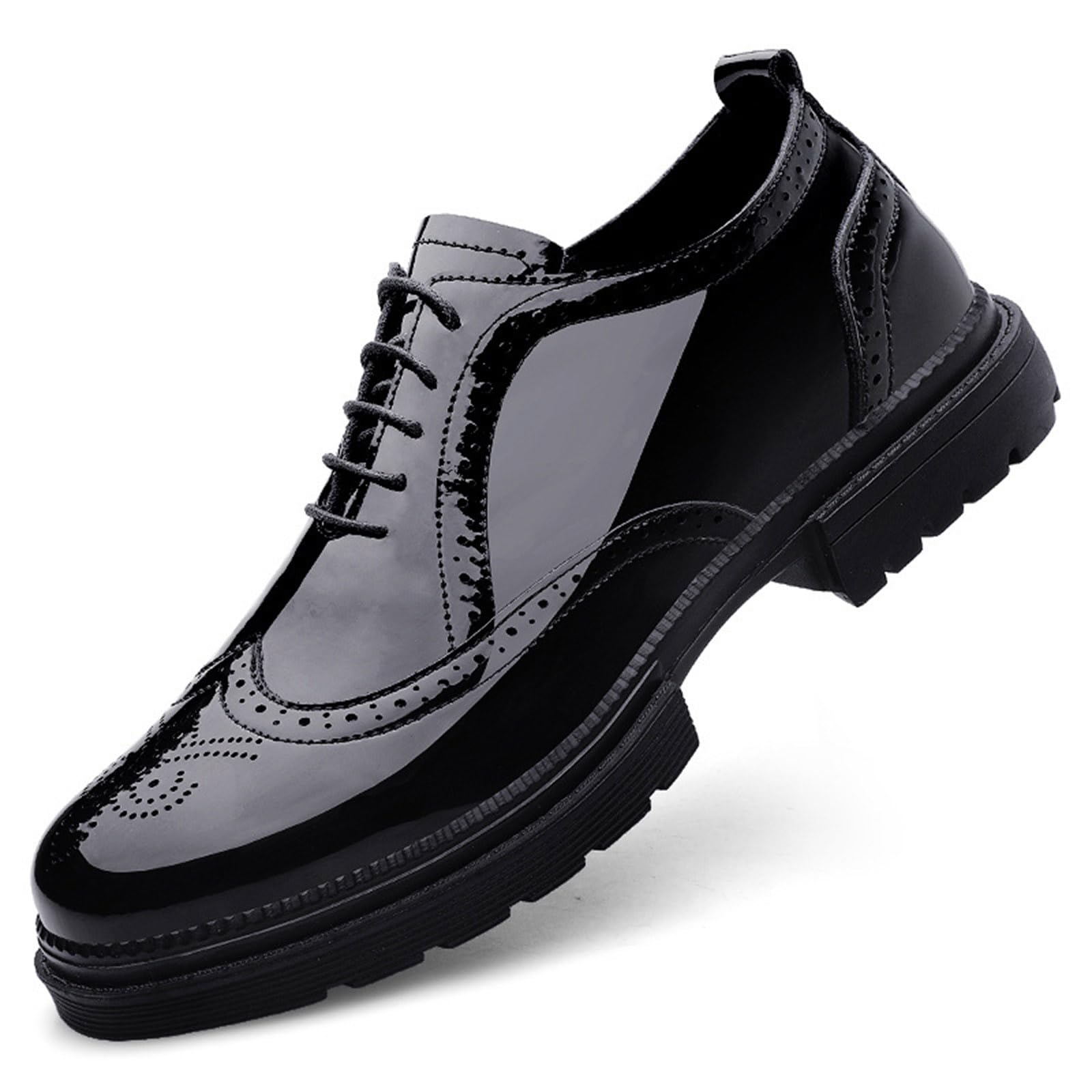 Mens Patent Leather Oxfords Wingtips Derby Shoes Men Classic Round Toe Lace Up Thick Sole Dress Breathable Handmade