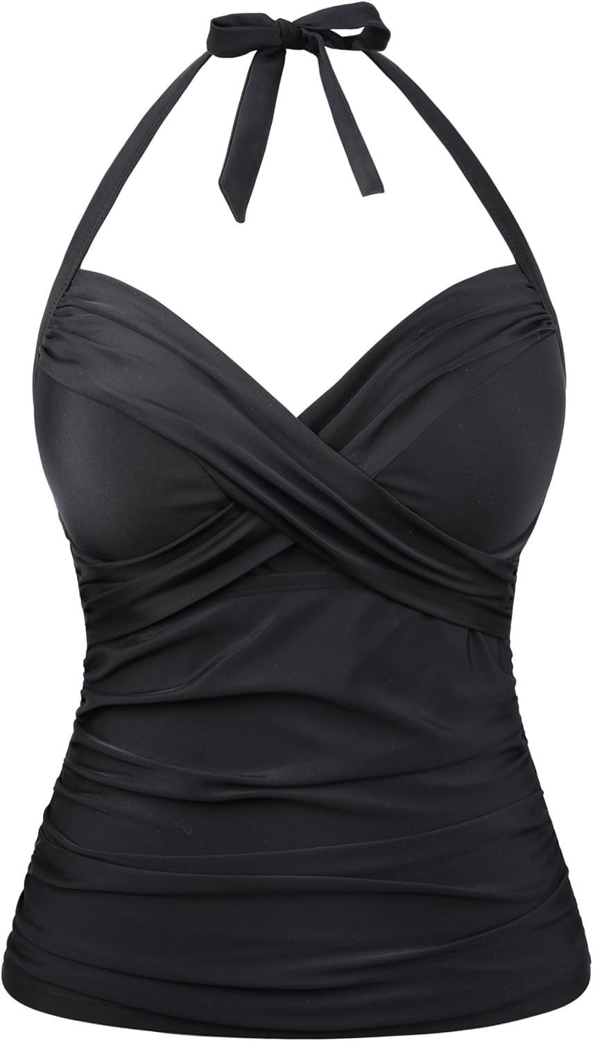 Women's Tummy Control Tankini Tops Only Halter Underwire Swimsuits for Big Bust Front Twist Retro V Neck Bathing Suit Tops