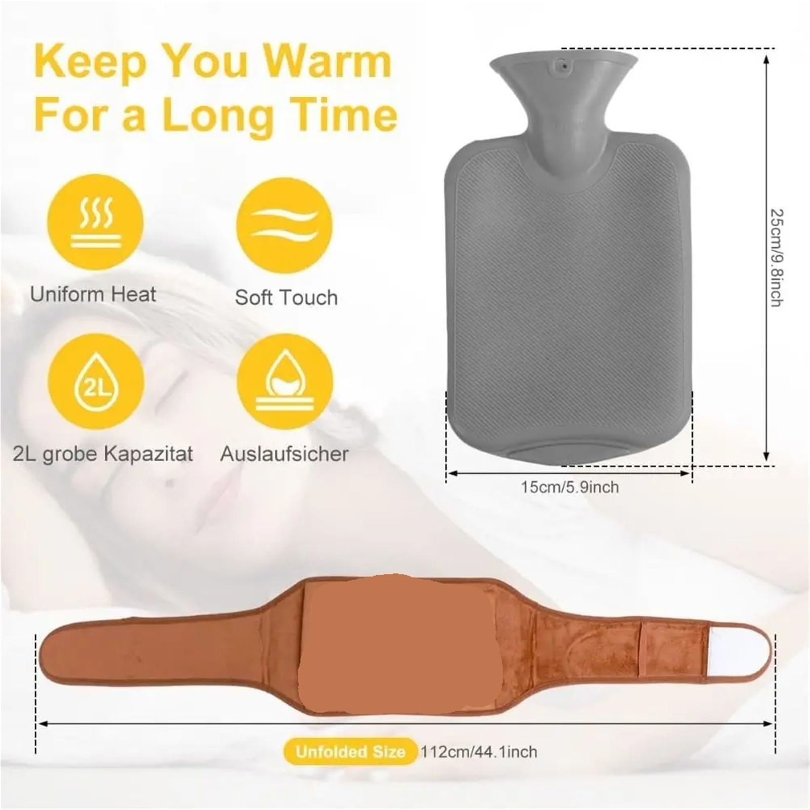 Bottiglia di Acqua Calda con Coperchio, 2 Pezzi Borsa for Acqua Calda Portatile in PVC, Morbida, scaldamani, coprivita in Peluche, Cintura riscaldante(Roze)