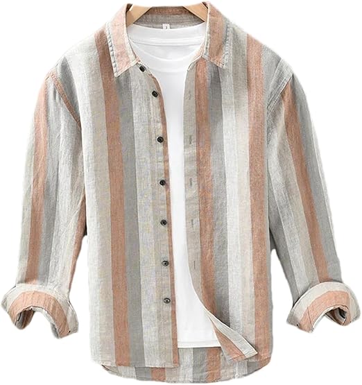ZMIN Linen Casual Striped Shirt for Mens Long Sleeve Turn-Down
