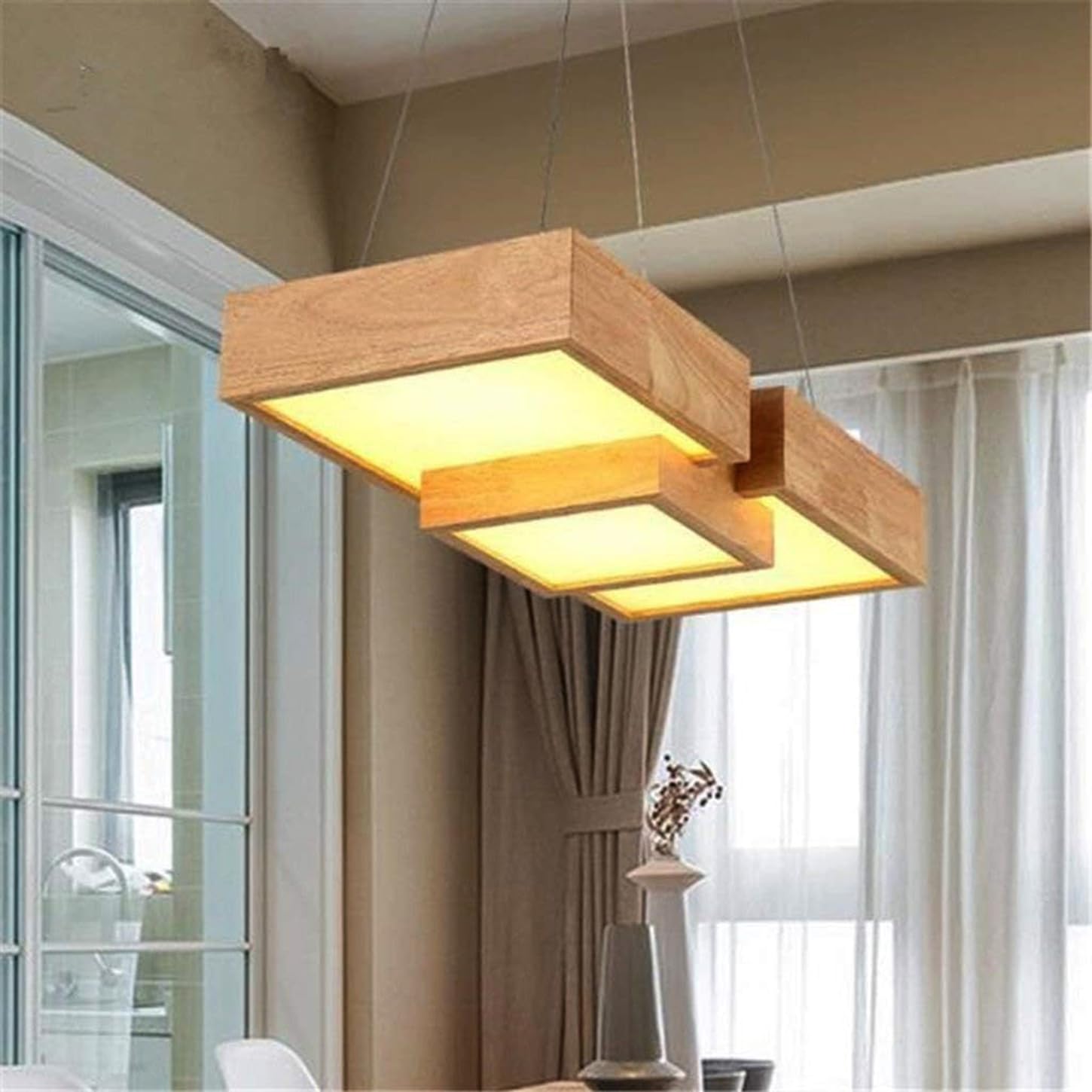 Artica Modern LED Wooden Pendant Light – Pine Wood 3-Square Pattern Design Ceiling Lamp with Adjustable Height | Dining Table, Living Room, Bedroom, Office Lighting-image-19