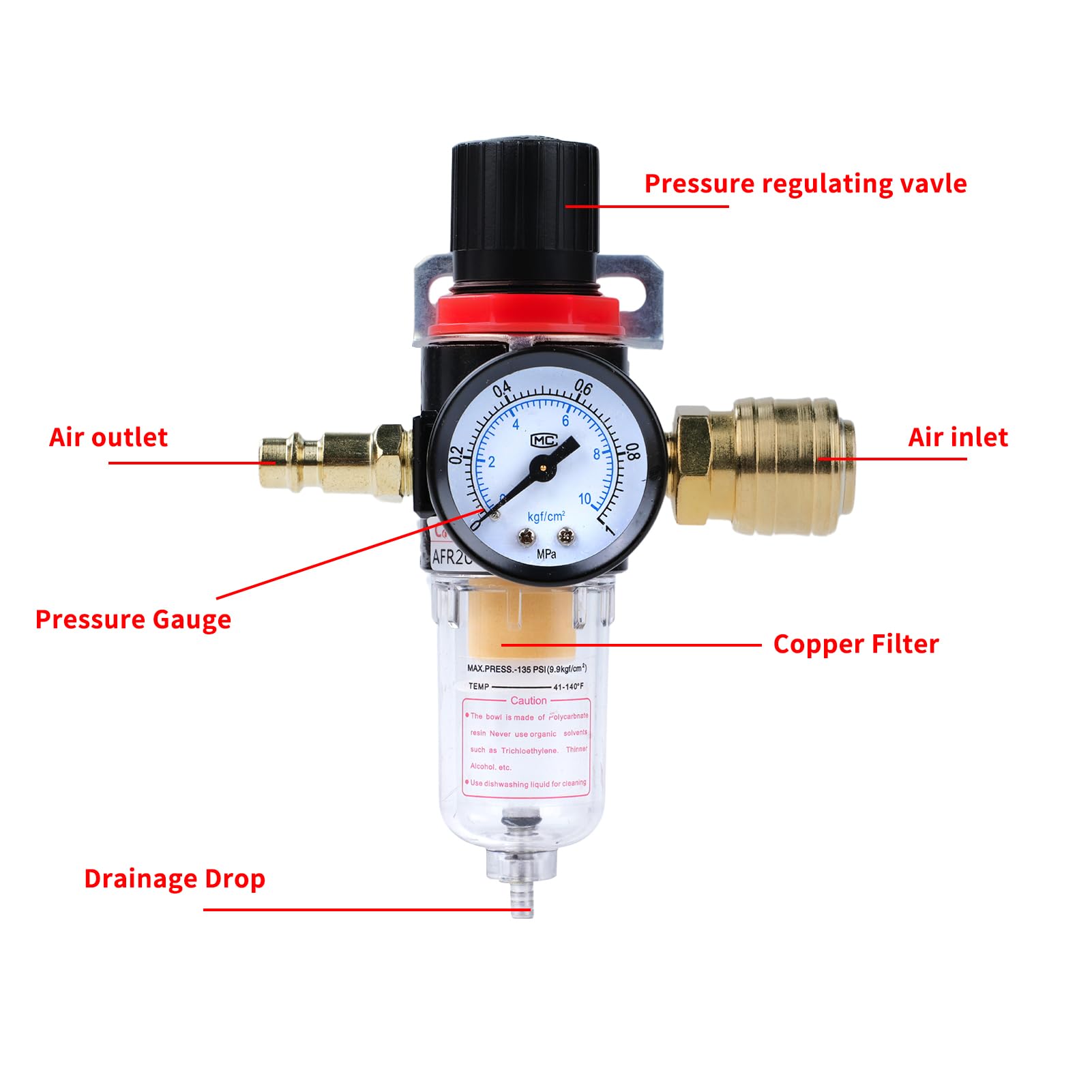 Reductor de presión de aire comprimido, Regulador de Presión de Aire Comprimido, Rosca 1/4 BPS AF2000 válvula reguladora de presión manómetro separador de aire aceite agua para Compresores Aire