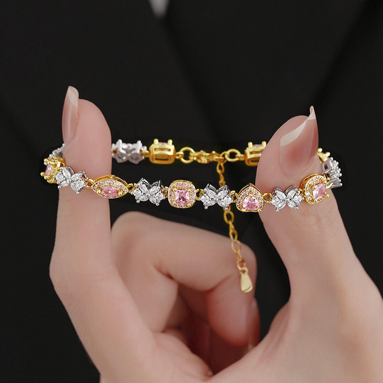 Bracciali da Donna Cubo di Zucchero Francese Giallo Giallo Rosa Zircone Bracciale A Prua da Donna Bracciale di Moda Ornamenti A Mano di Tennis-Rosa E Giallo