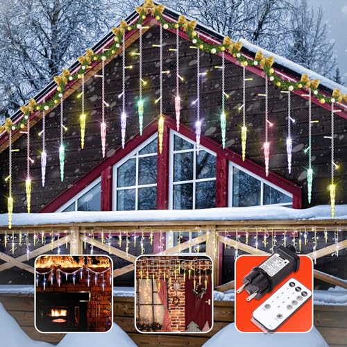 ZEWETO Eiszapfen Lichterkette Außen, 10m Eisregen Lichterkette 360 Leds IP44 Wasserdicht 8 Modi Lichterketten fur Innen Außen Weihnachten Party Tannenbaum Fenster Balkon Terrasse