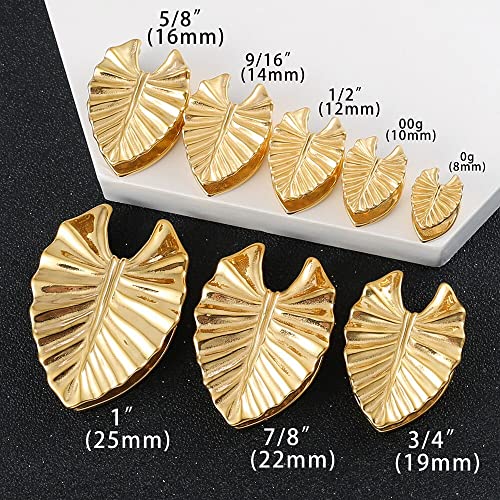 Earblity 2Pcs 10Mm/00G Gold Novelty Leaf Saddle Hanger Gauges Plugs For Stretched Ears, Hypoallergenic 316 Stainless Steel Ear Tunnels Gauges Body Piercing Jewelry For Men Women #TOP4