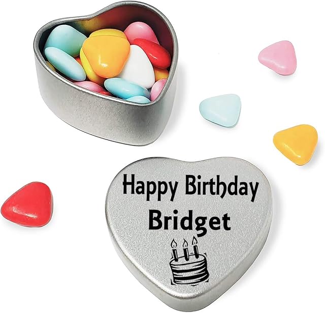 Happy Birthday Bridget Mini Silver Heart Shaped Tin Gift filled with chocolates Great Birthday present for Bridget Show somebody you are thinking of them