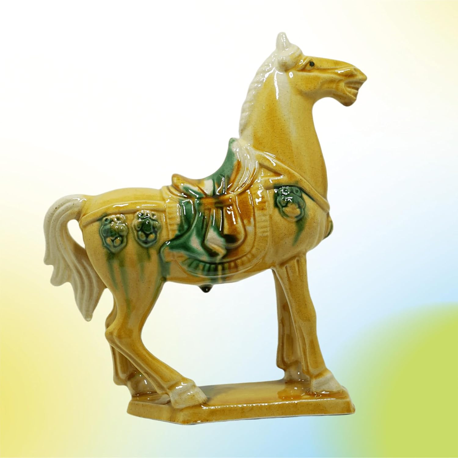 Handmade Tang Dynasty Tri-Color Horse Ceramic Sculpture - 19cm Traditional Chinese Cultural Art Decor - Symbol of Prosperity & Good Fortune - Perfect for Home, Office, Bookcase Shelf (Yellow)