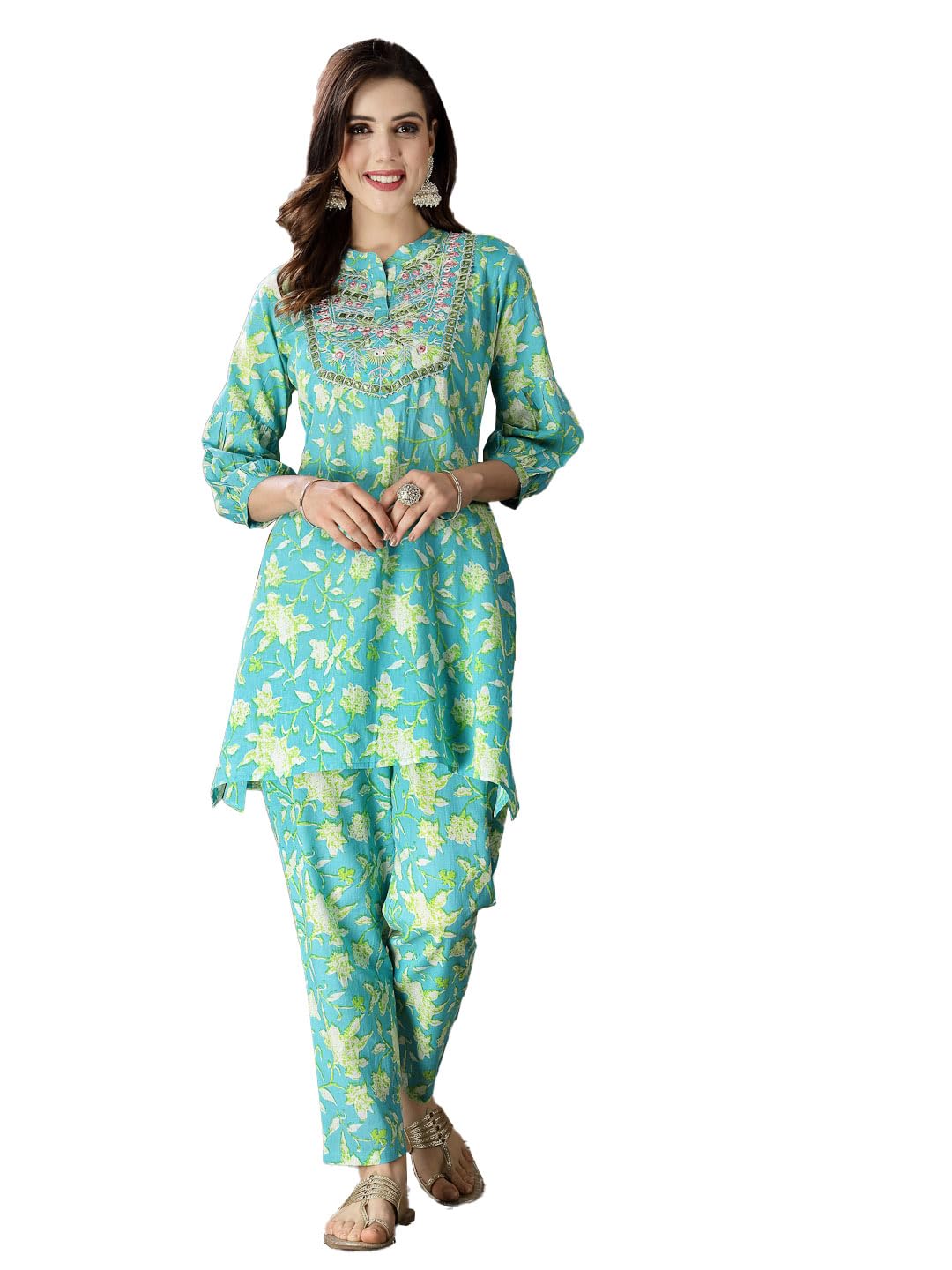 Stylum Women’s Printed & Embroidered Cotton Short A-Line Kurti Pant Set