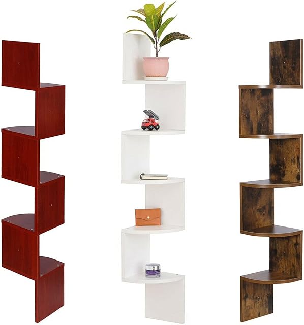 FB FunkyBuys Zigzag Corner Shelf - Floating Wall Mounted 5 Tier Storage Organizer Display Rack Bookshelf Wooden Bookcase Bedroom, Living Room Shelving Unit (Rustic Brown)