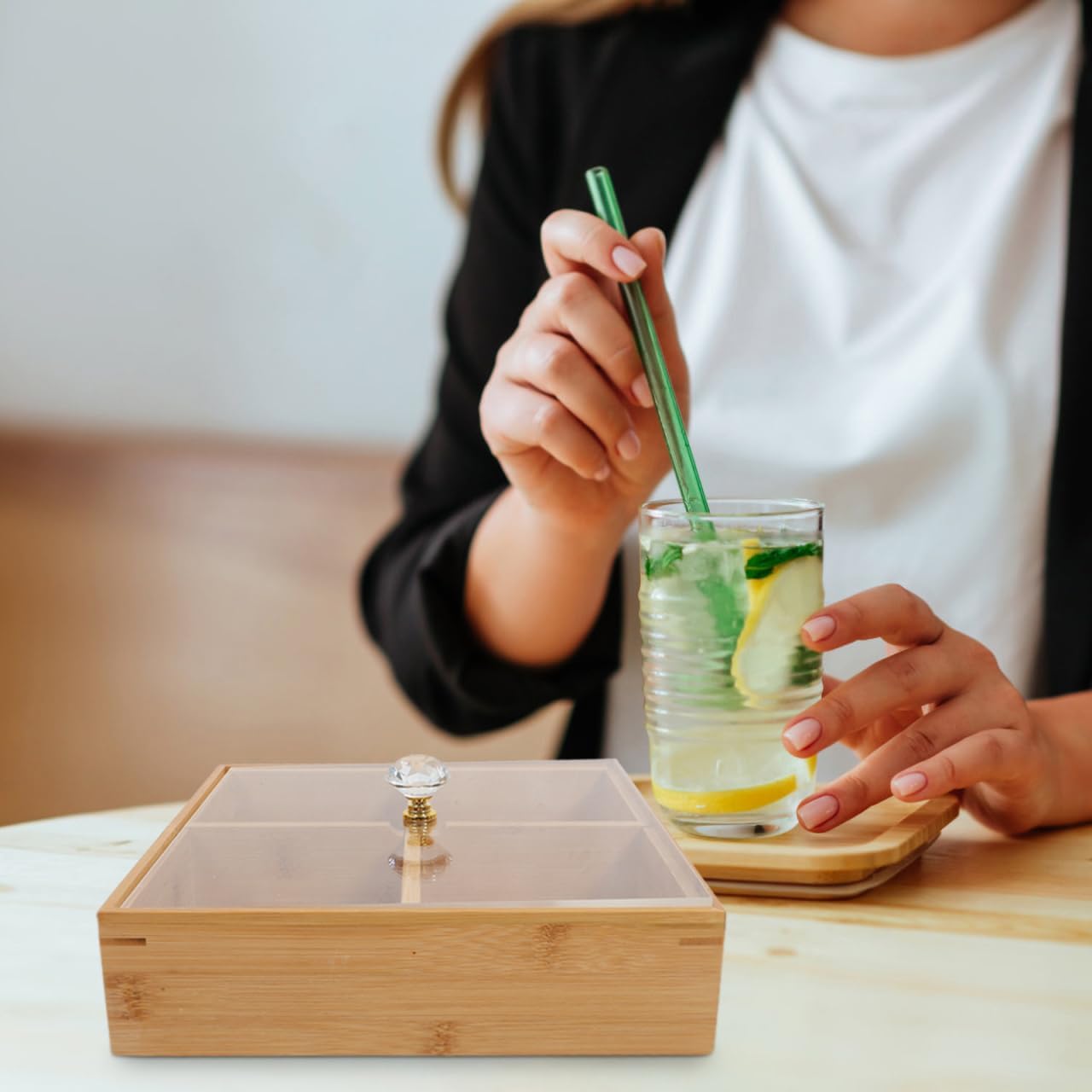 Four-Compartment Bamboo Snack Box with Transparent Lid Divided Serving Tray for Nuts Fruits Candies - Ideal for Parties Home Entertaining and Everyday Use - Image 3