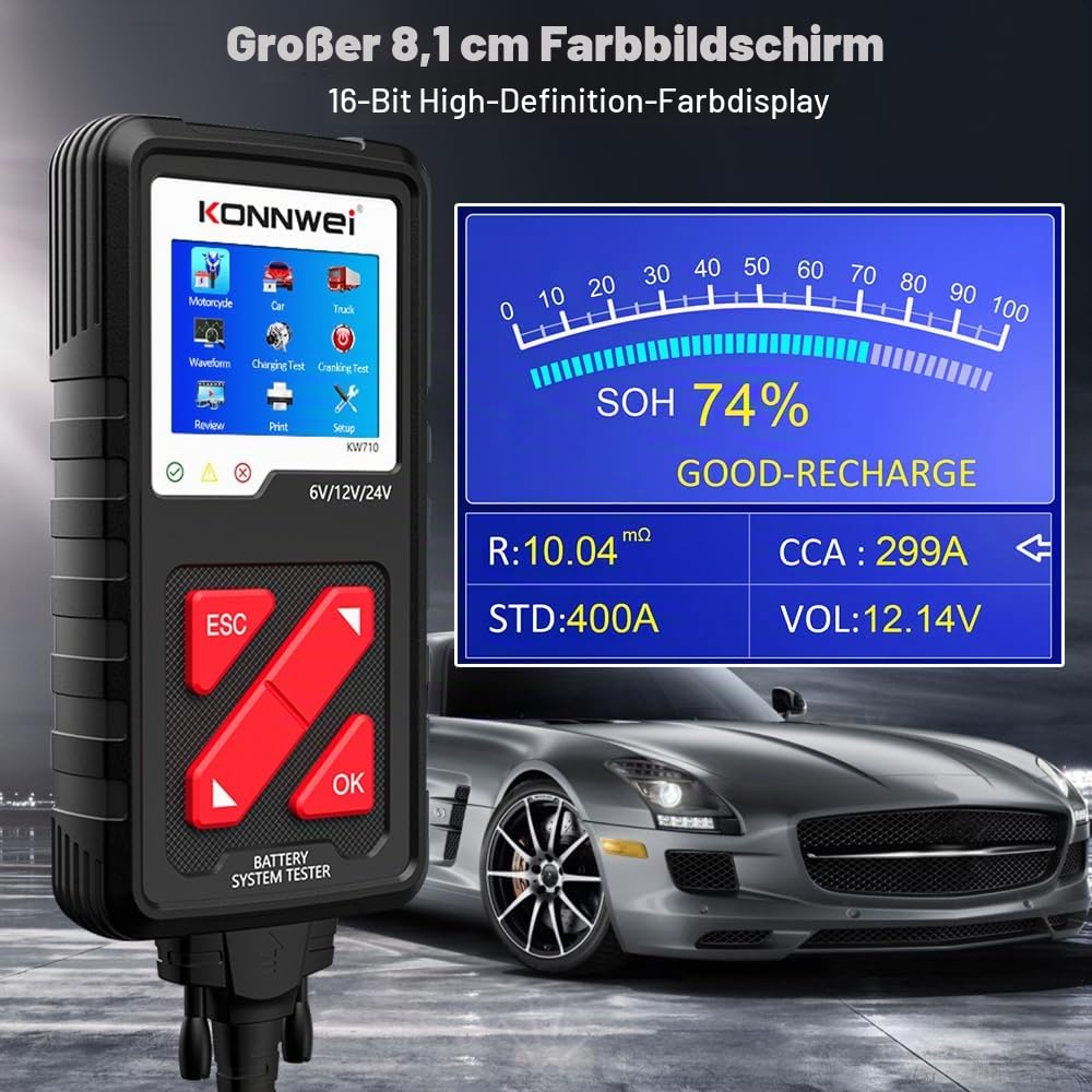 KONNWEI KW710 12V 24V Batterietester 100-2000 CCA, Digitaler Auto-Batterieanalysator mit Farb-LCD, Generator- & Ladesystemprüfer für Auto, LKW, Motorrad, Boot, SUV, Traktor, KFZ Batterieprüfer