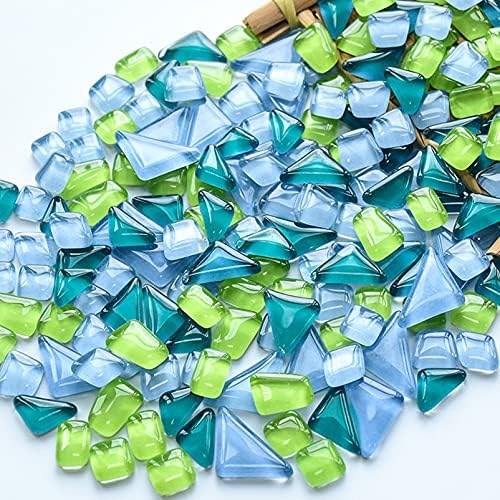 Mosaic Tiles - Glass Square Triangle Rectangle Bulk Mosaic Tile Assortment - Irregular Size Mixed Colors Glass Tile - 200g Craft and Backsplash Tile (Grass Green Blue Mix)