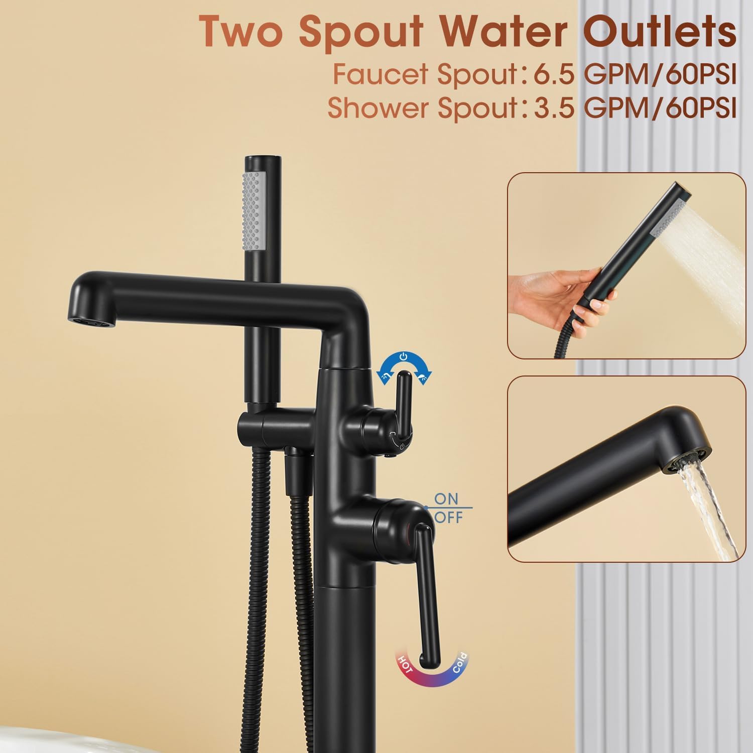 Free Standing Tub Faucet, High Flow 6.5 GPM@61PSI Floor Mount Tub Filler with Sprayer, Brass Modern Swivel Spout Freestanding Bathtub Faucet, Matte Black