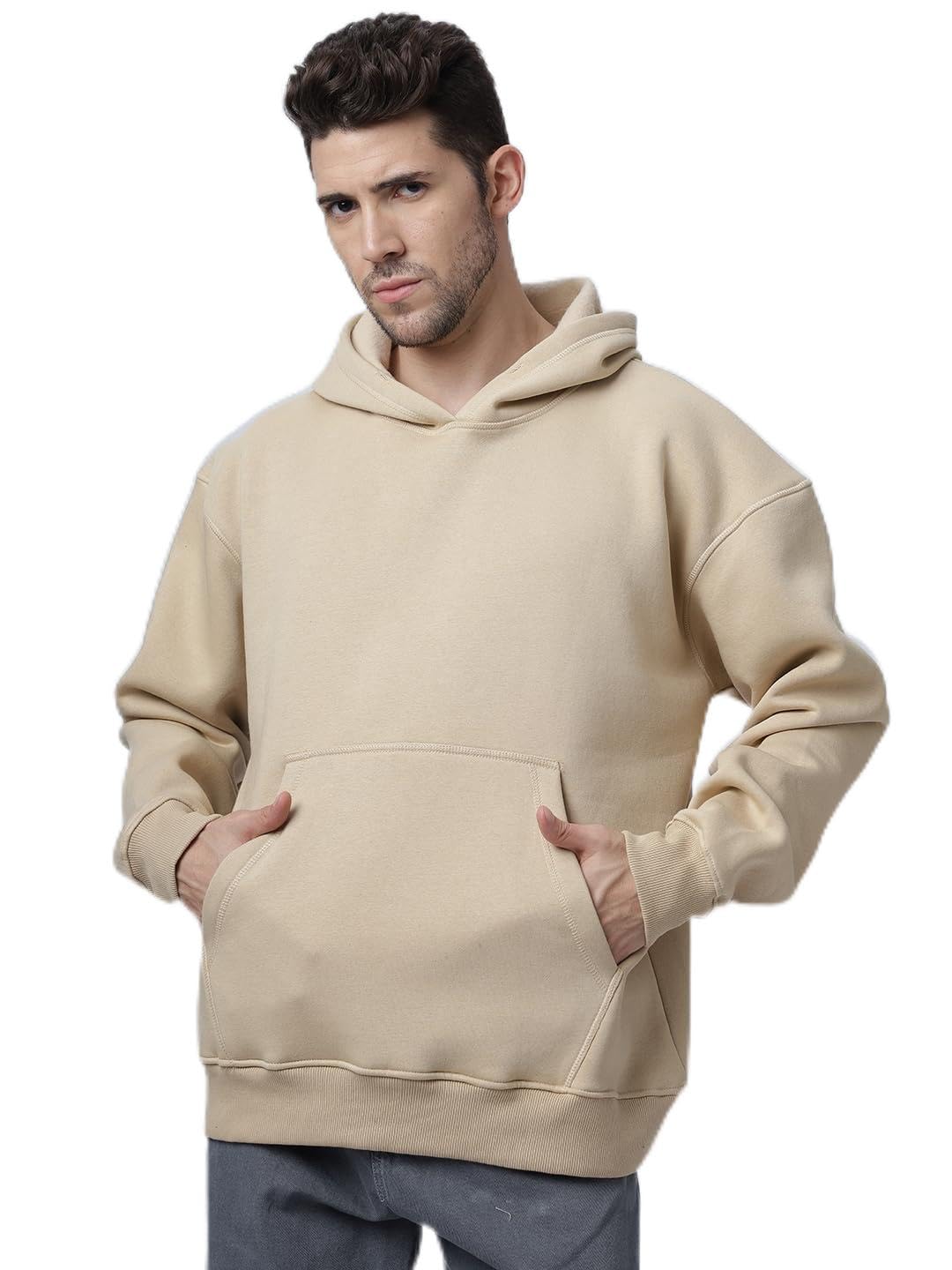 be savage BeSavage CaliBeige Beige Full Sleeves Oversize Hooded Neck Drop Shoulder Hoodie for Men-picture-18