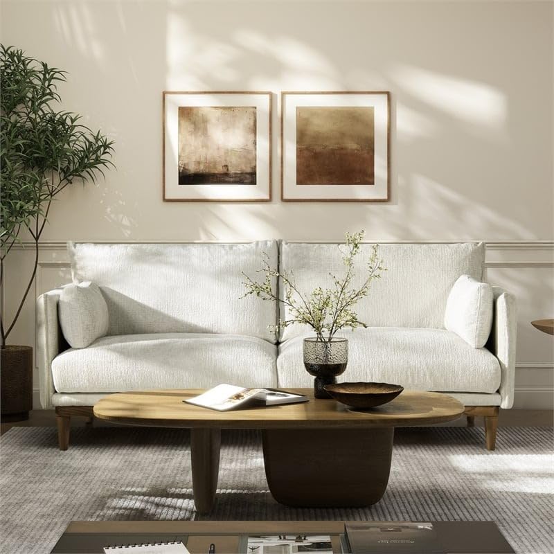 Goldview Furniture Modern 2-Seater Sofa – White Upholstered with Plush Cushions and Pillows – Solid Wood Frame Couch for Living Room