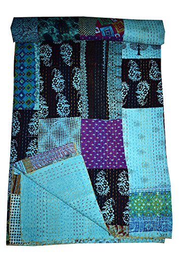 Tribal Asian Textiles Colcha Kantha con estampado de bloques para trabajo, colcha india Kantha, Kantha, Kantha Rallies (azul) Cover