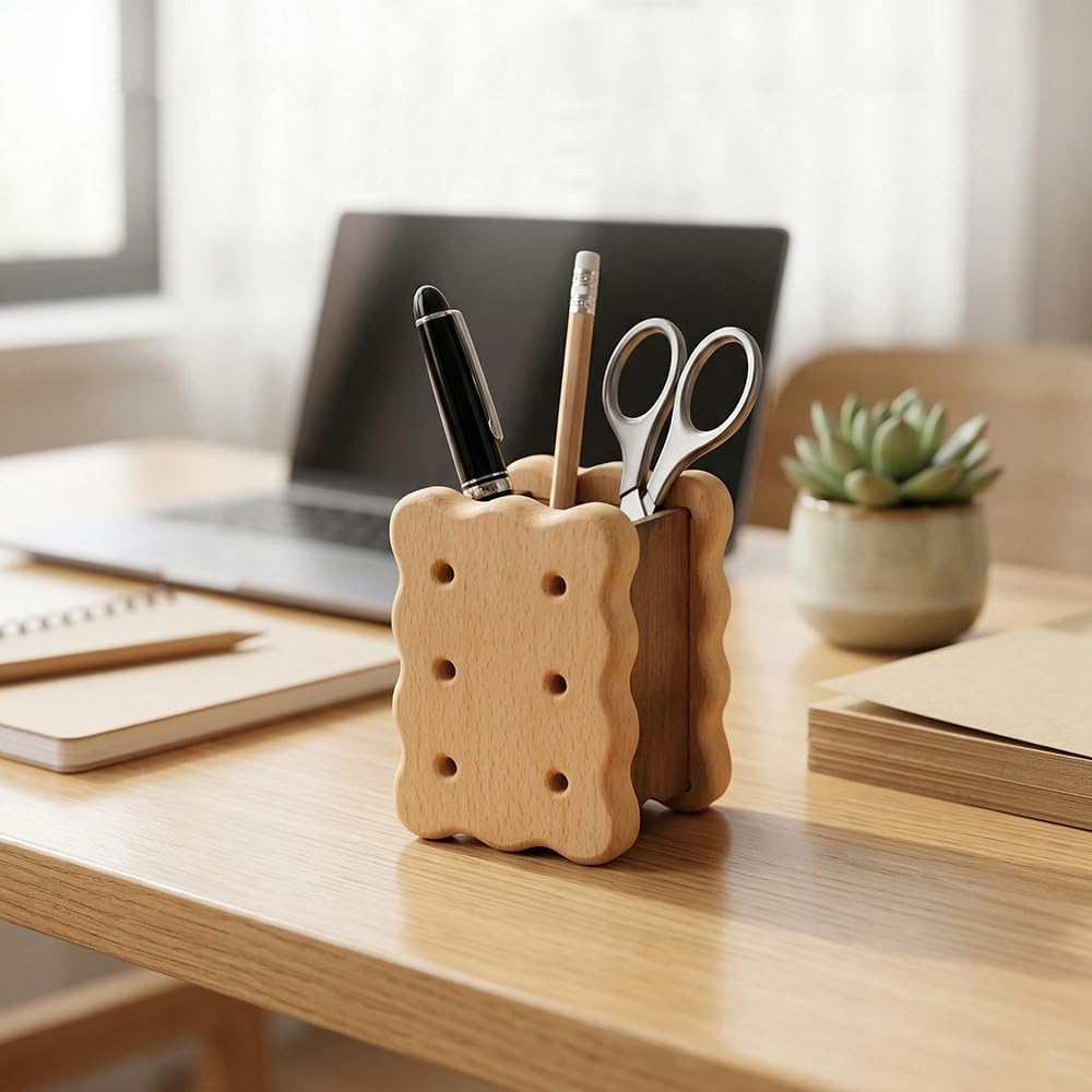 Handmade Biscuit Style Wooden Desk Organizer Pencil Box