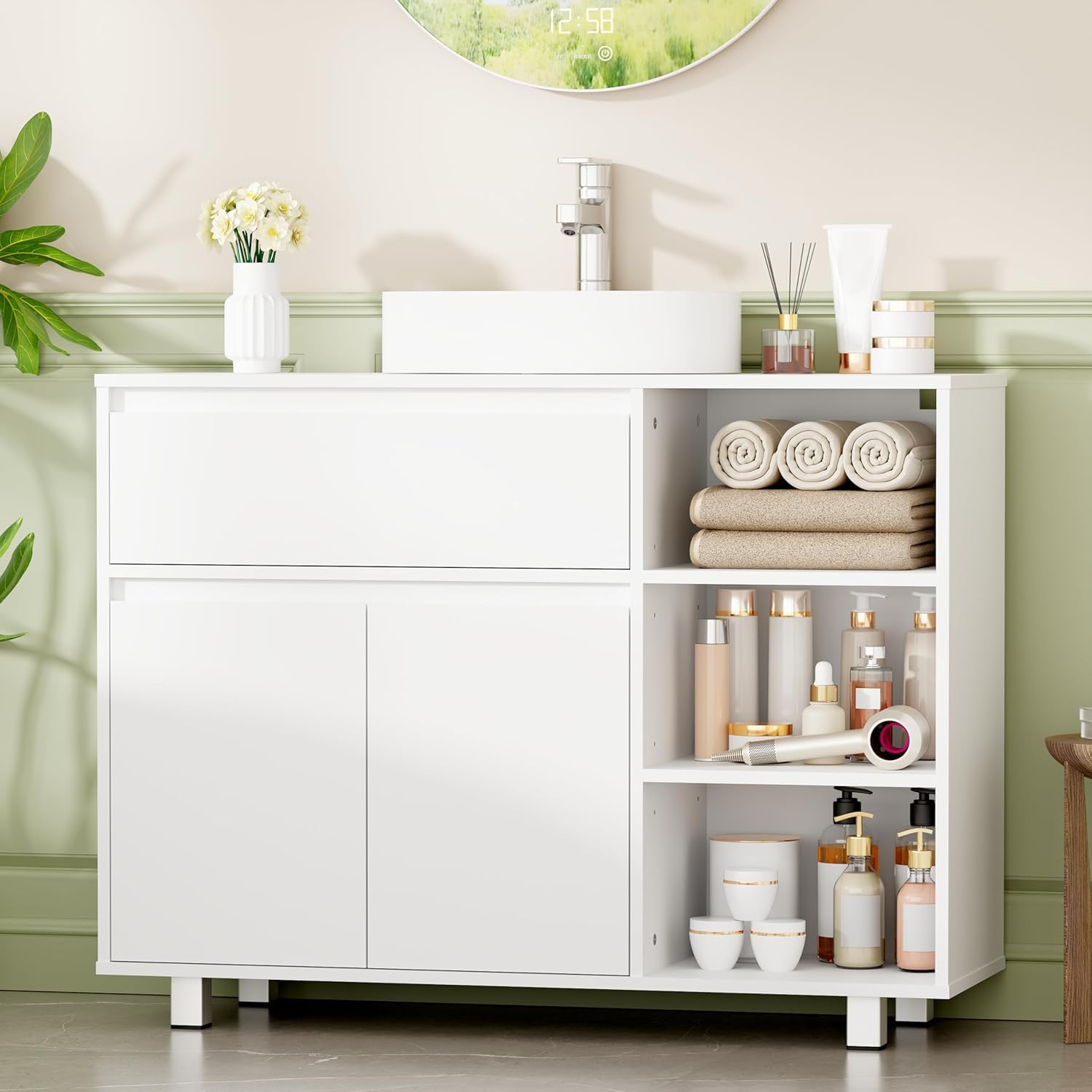 ANWBROAD Mueble Bajo Lavabo,Mueble Baño Auxiliar Armario Baño 64.5x30x90cm | Compartimento de Almacenamiento Oculto, 2 Puertas, 3 Estantes Abiertos Ajustables, Mueble bajo Lavabo con Patas Blanco