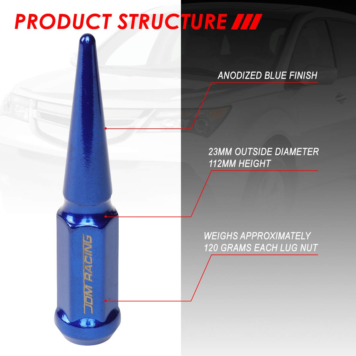 Auto Dynasty 24 Pcs Blue Heavy Duty Steel Closed-End M14 x 1.5 23mm OD /112mm Tall Conical Seat Wheels Lug Nuts Set+Lock Key