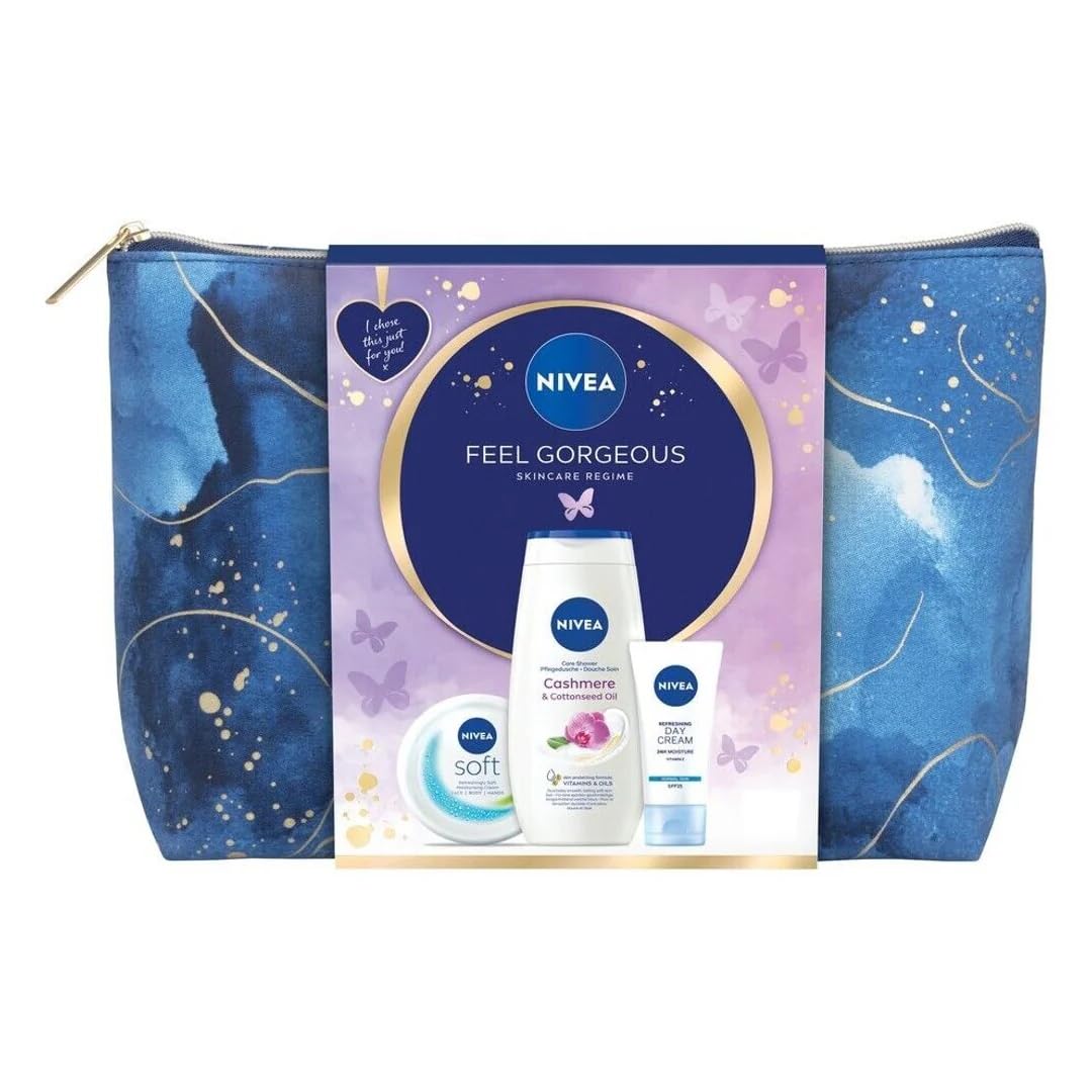 Nivea Feel Gorgeous Cosmetic Skincare 4PC Gift Set Bag (Cashmere & Cottonseed Oil Shower Cream 250ml, Nivea Refreshing 24H Moisture Day Cream SPF 15 50ml, Nivea Soft Moisturising Cream 200ml) - Image 2