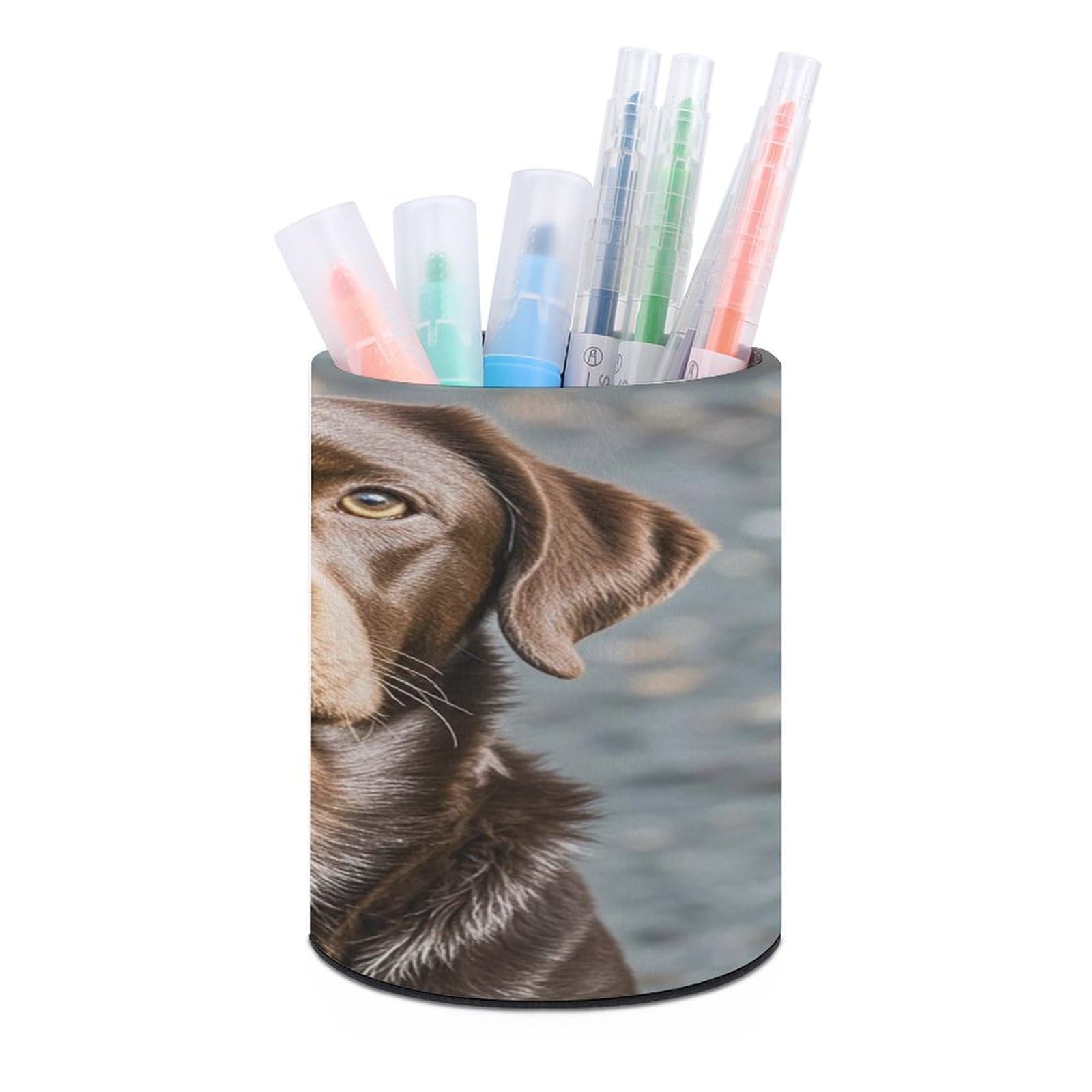 FekiLoot PU Leather Round Pen Holder Brown Labrador Retriever Pencil Holder Desk Organizer Pen Organizer Pen Cup Pencil Cup Caddy Desktop Stationery Organizers for Office Home Supplies