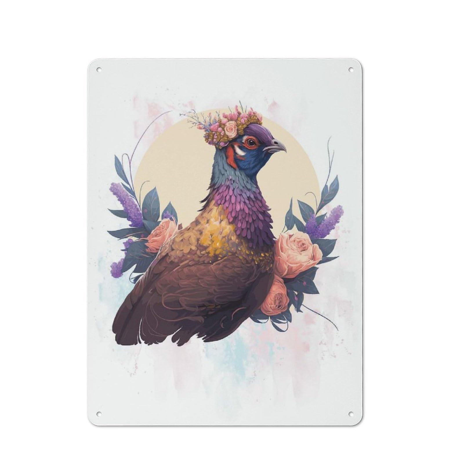 Junmoney Style-22 Shop Front Style Floral Watercolor Pheasant Decorative Metal Plaque 40X30cm, Shop Wall Decor For Cafe, Bistro, Bakery Or Restaurant