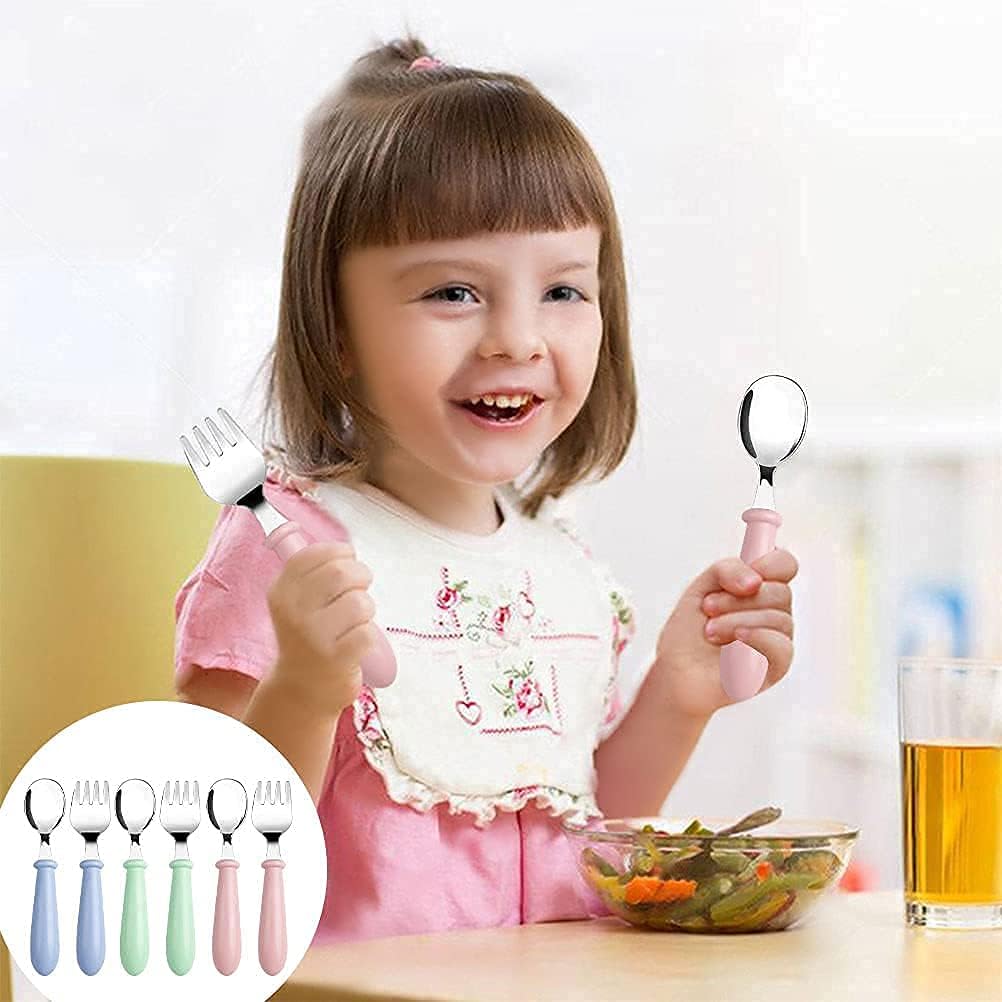 6 Pieces Toddler Utensils Stainless Steel Forks and Spoons Kids Silverware Children's Flatware Kids Cutlery Set with Round Handle for LunchBox, 3 x Safe Forks,3 x Children Spoons : Baby