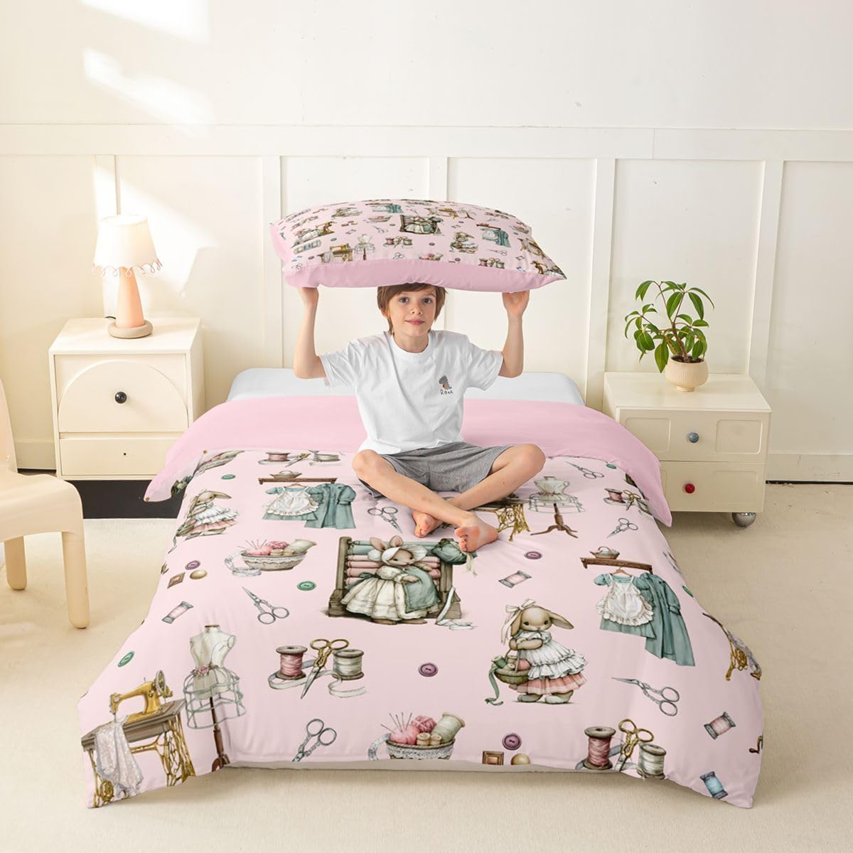 Castle Fairy Bunny Sewing Duvet Cover Set Twin Size 2Pcs image 3