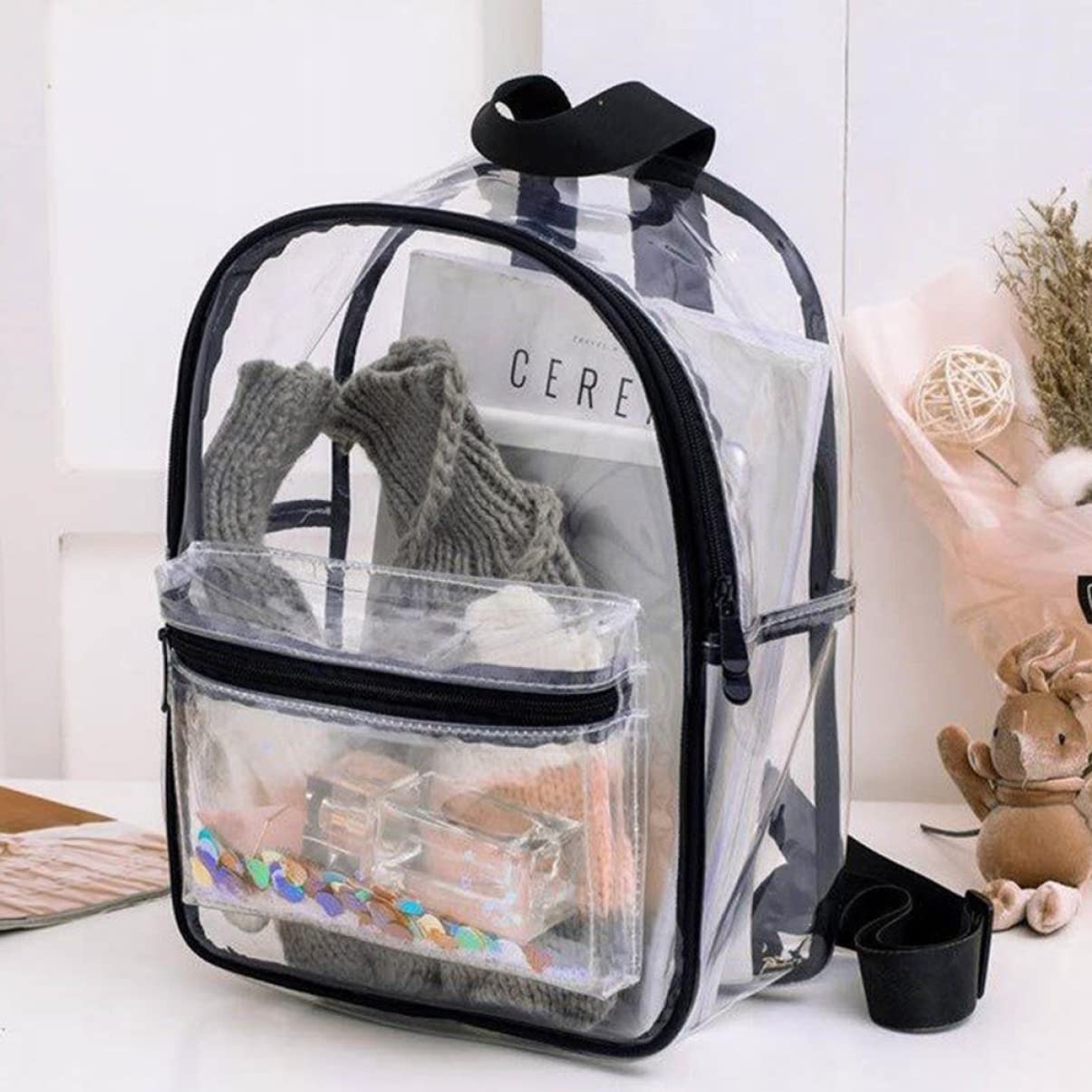 1pezzi Borsa Trasparente in Pvc Cartella Tracolla Semplice ed Elegante Zaino per Ragazze Studentesse e Donne Nero
