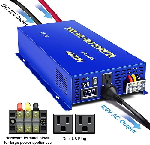 Miniatura 5 de Inversor de onda sinusoidal pura de 4000 W, 12 V CC a 120 V CA, inversor de corriente de 4000 W, sobretensión, convertidor de potencia de 8000 W