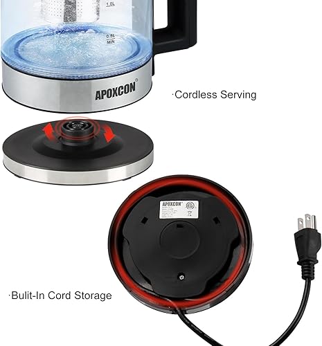 Miniatura 5 de Hervidor eléctrico para agua hirviendo, hervidor de té de 1.8 L con infusor extraíble, caldera de agua de vidrio de borosilicato con luz LED,