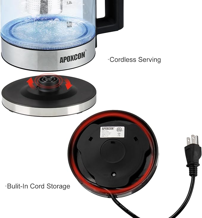 Tetera Eléctrica APOXCON 1.8L de Vidrio Borosilicato con Infusor miniatura 5