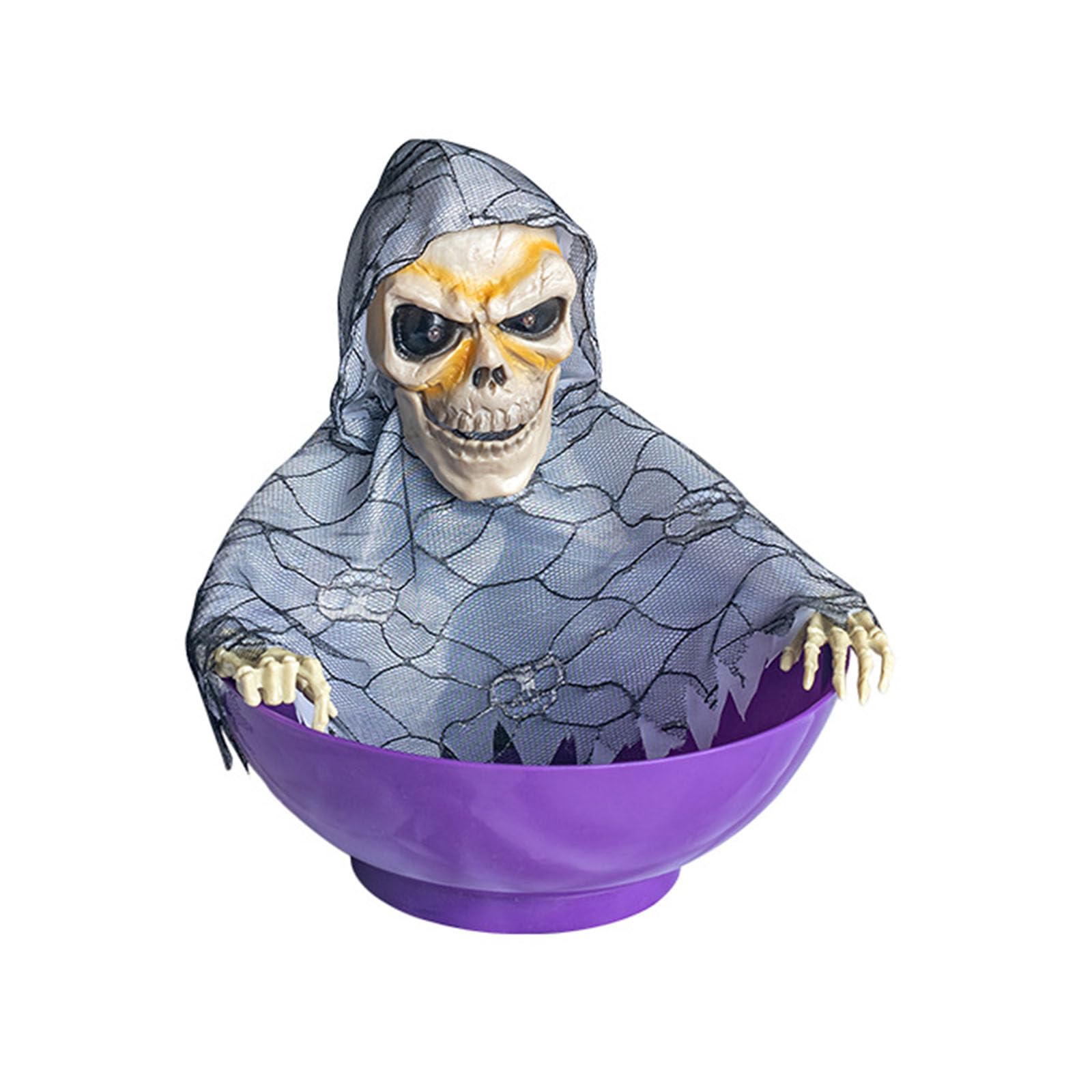 Xjdzineq Halloween Animated Screaming Bowl Holder with MotionSensor and Light Up Red Eyes Animated Screaming Skull Bowl Skeleton Holder