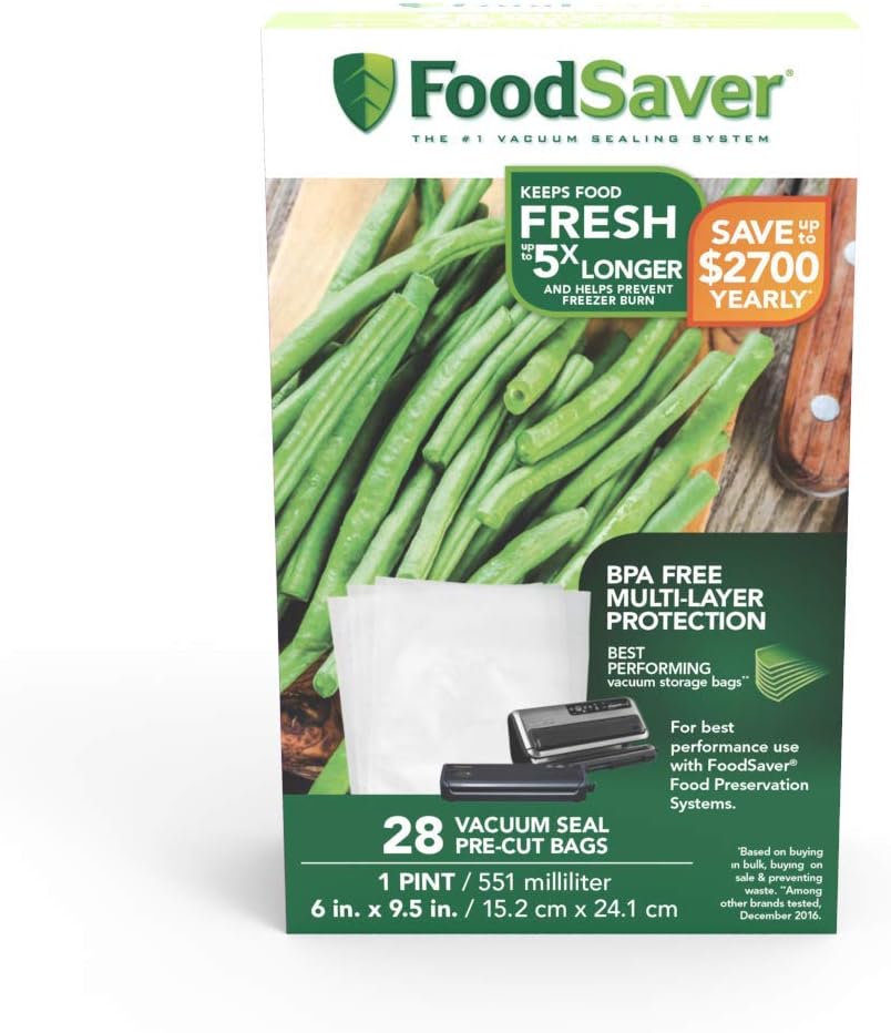 FoodSaver 1-Pint Precut Vacuum Seal Bags with BPA-Free Multilayer Construction for Food Preservation, 28 Count