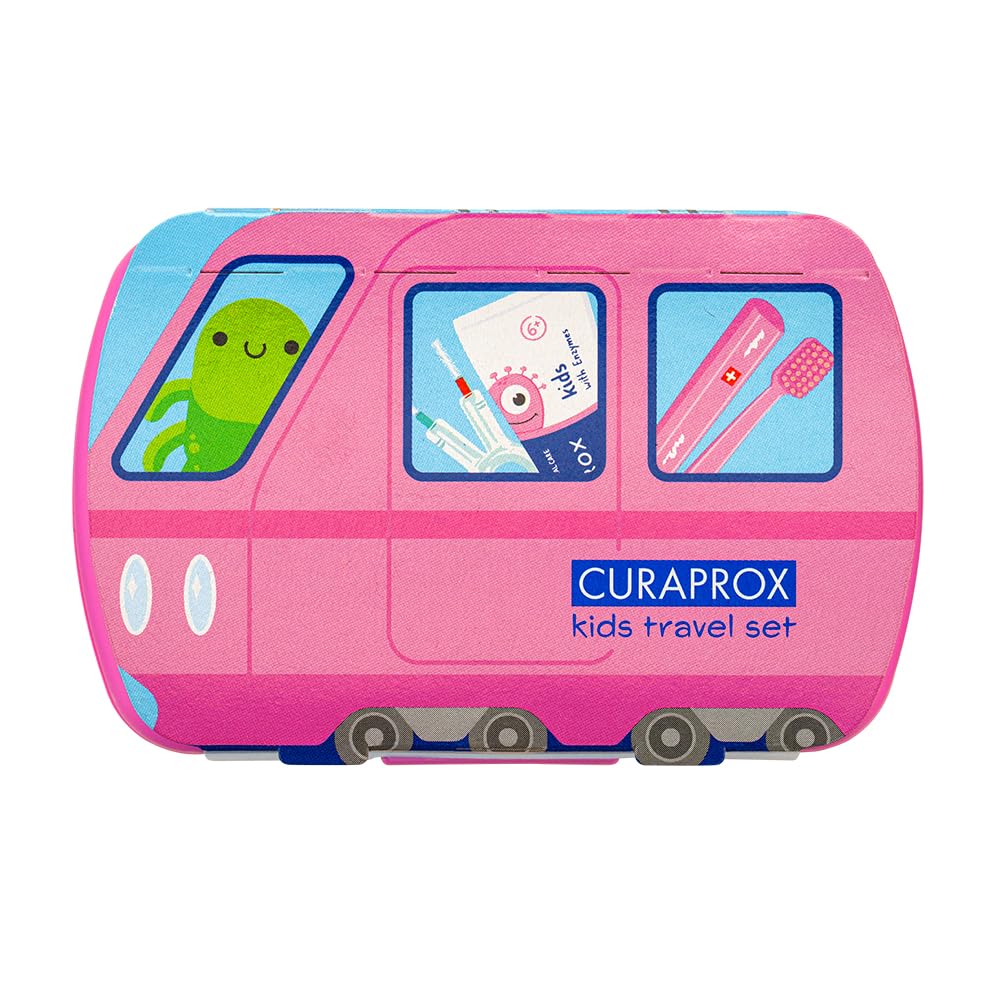 Curaprox Kids Travel Dental Set, Pink – Ultra Soft 5500 filaments Kids Toothbrush, 10ml Fluoride Toothpaste & CPS Interdental Brush | Compact Oral Care Kit & Gift Set for Children 6–12 Years