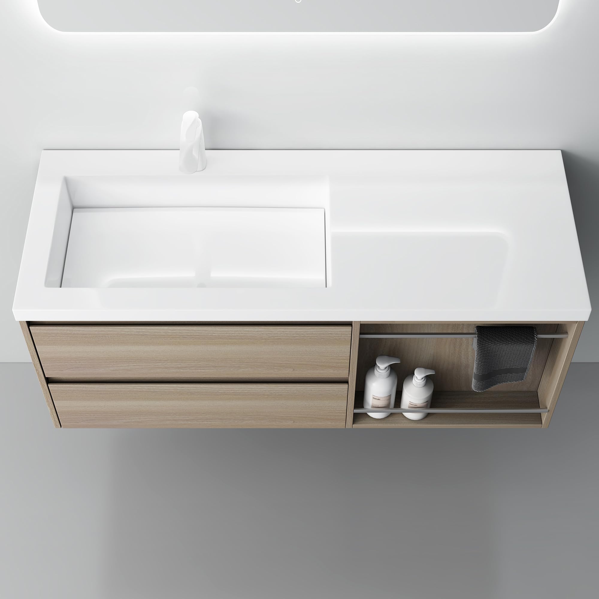 Mai & Mai Waschtisch mit Unterschrank Waschbecken-Unterschrank | Badmöbel-Set Waschbeckenunterschrank Softclose Al Oak 120x46x49cm inkl. Mineralguss Waschbecken Open