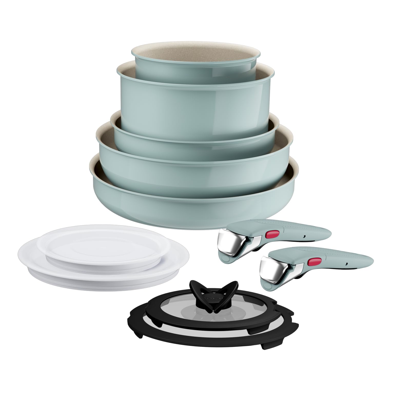 Lagostina Ingenio Pastel, Set di Padelle Antiaderenti 11 Pezzi con Manico Rimovibile, Compatibili con Induzione e Forno, Design Salvaspazio, Colore Salvia