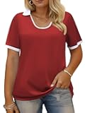Womens-Plus-Size-Summer-Tops Trendy Polo U Neck T Shirts Color Block Short Sleeve Lapel Collared Work Blouses Tunics