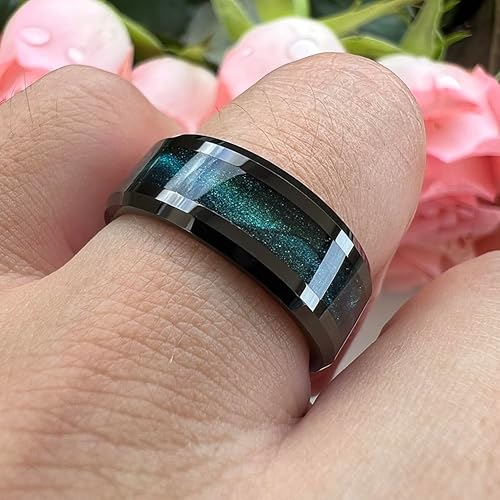 Miniatura 5 de Anillos de tungsteno negros de 8 mm para hombres y mujeres, con incrustaciones de arena fluida, anillo de compromiso, de boda, con bordes biselados,