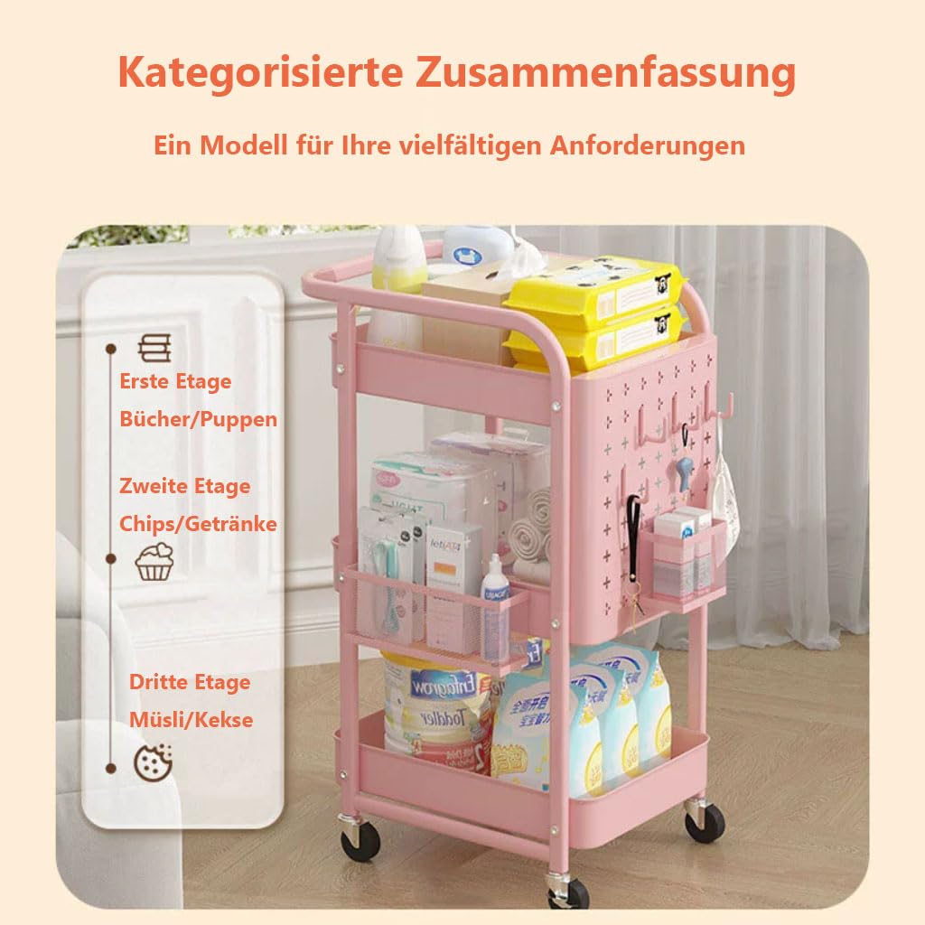 Servierwagen Mit Rollen Und Haken, 3-Tier Bastelwagen Für Küche, Multifunktionaler Rollwagen Schmal Für Haushaltsartikel Lebensmittel Und Bürozubehör,Beige