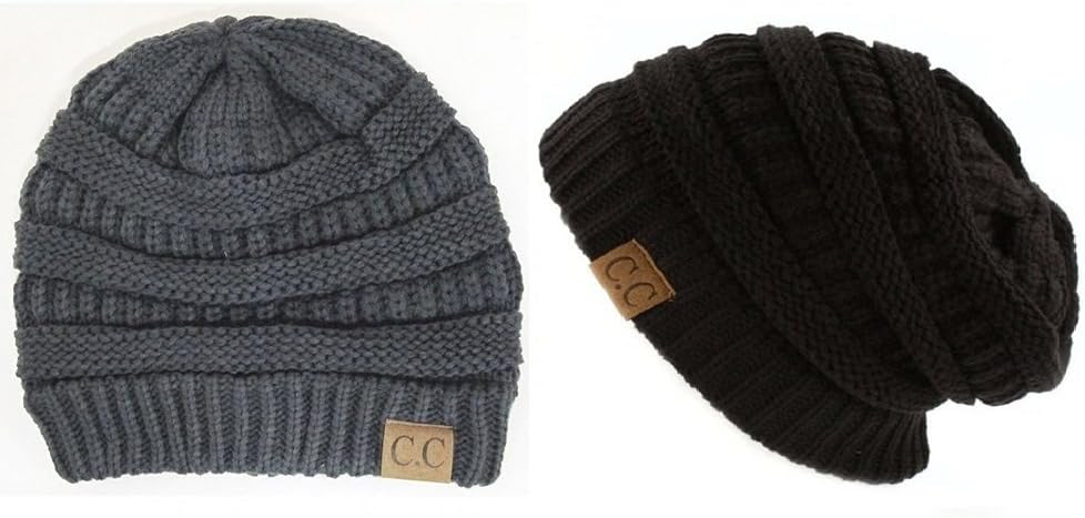 Black Thick Slouchy Knit Oversized Beanie Cap Hat (onesize, 2 Pack: Black/Dark Gray)