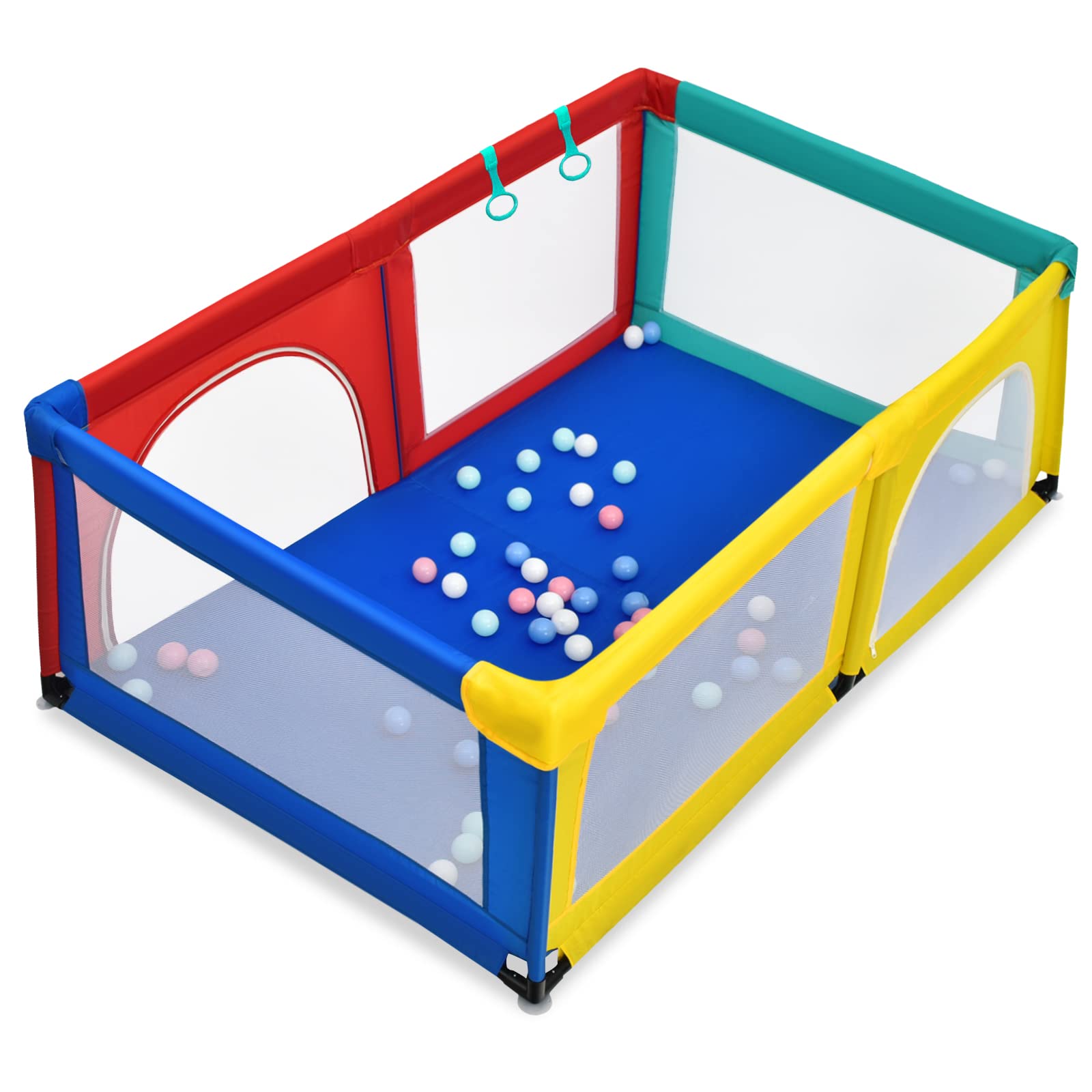 RELAX4LIFE Box per Bambini con 50 Palline,2 Anelli,2 Entrate Laterali con Chiusura Lampo,Rete Traspirante, Centro di Attività (Colorato, 190x120cm)