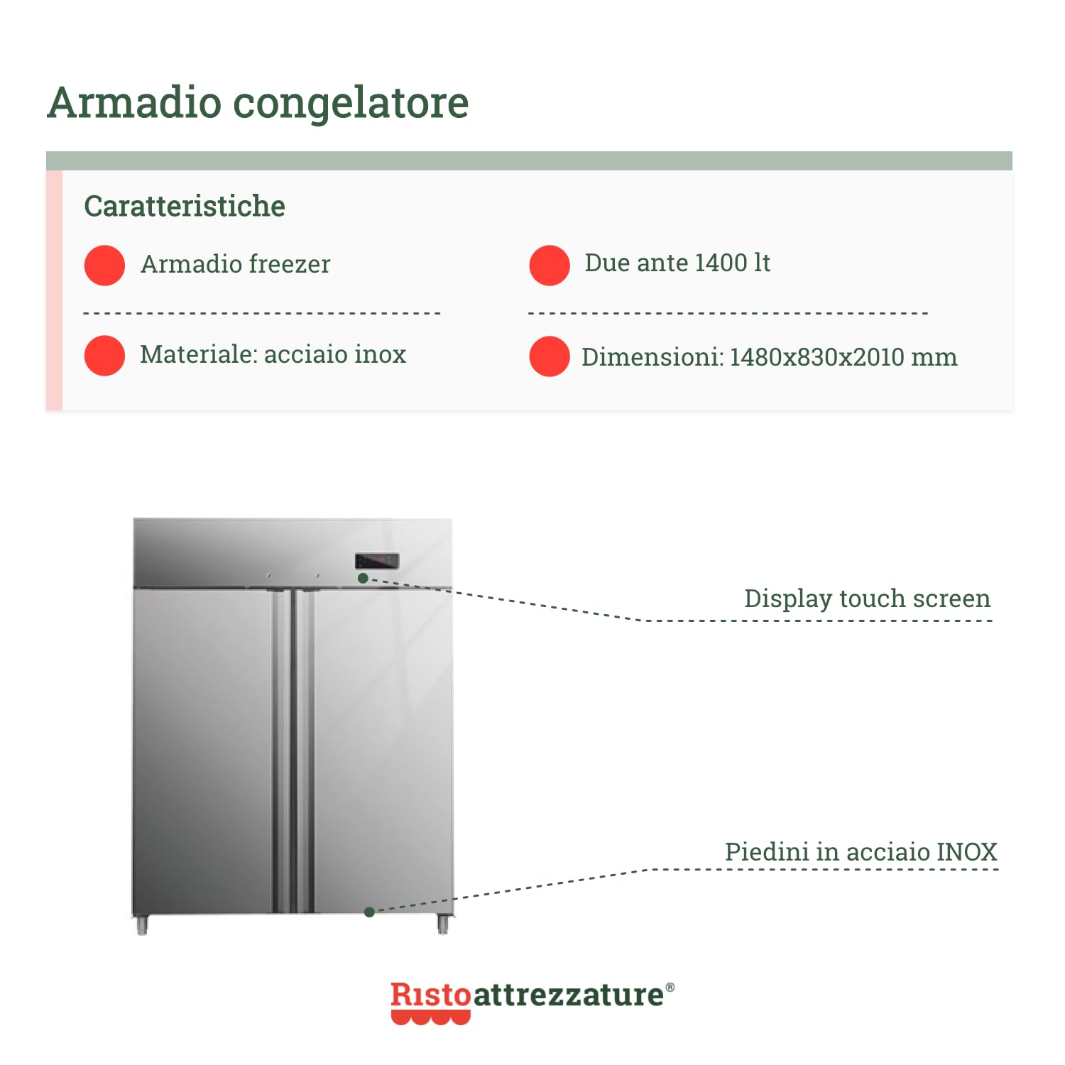 Armadio congelatore refrigerato in acciaio inox 2 ante 1400 lt -18-22°C