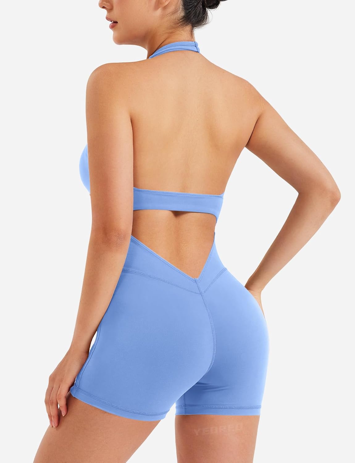 YEOREO Women Halter Workout Jumpsuits One Piece Backless Bodycon Bodysuits Hidden Scrunch V Back Yoga Joceline Short Romper - Image 2
