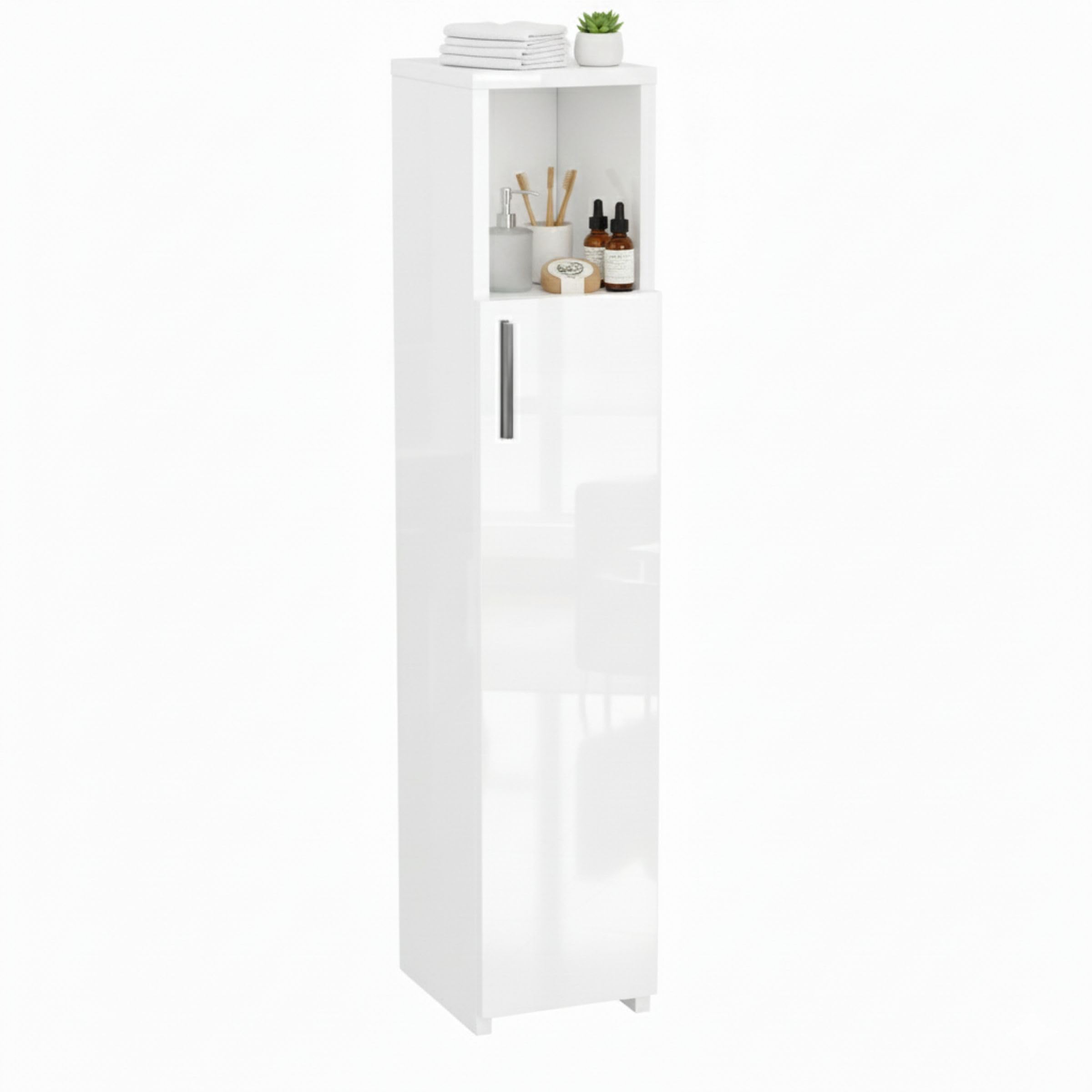 Badschrank Schmal, Badezimmerschrank, Hochglanz Weiß | Freistehender Aufbewahrungsschrank, Regal für Bad, Küche und Wohnzimmer