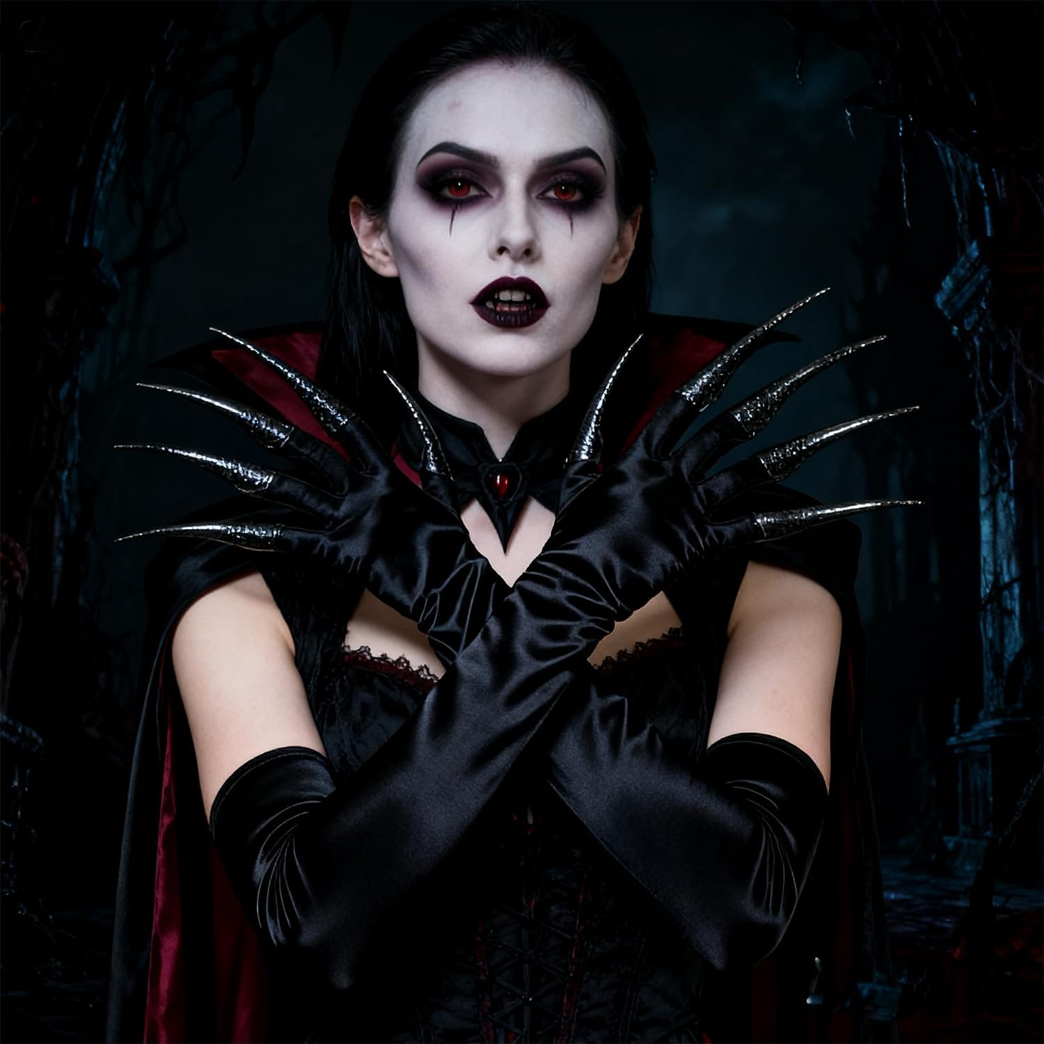 Maricrosea Black Long Cosplay Gloves 22 inches, Halloween Long Claw Gloves Metal Finger Claws Cat Wolf Scary Vampire Costume Gothic Opera Party - Image 6