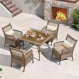 PURPLE LEAF Retro Patio Furniture Sets Wicker Outdoor Dining Set Square Tempered Glass Top Dining Table and 4 Outdoor Chairs with Umbrella Hole and Cushions